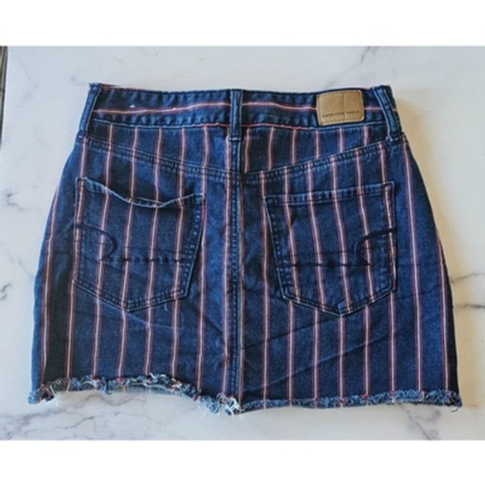 AE Striped Denim Mini Skirt 4 Navy Blue Red High Rise Beachy Nautical Preppy - Picture 2 of 8